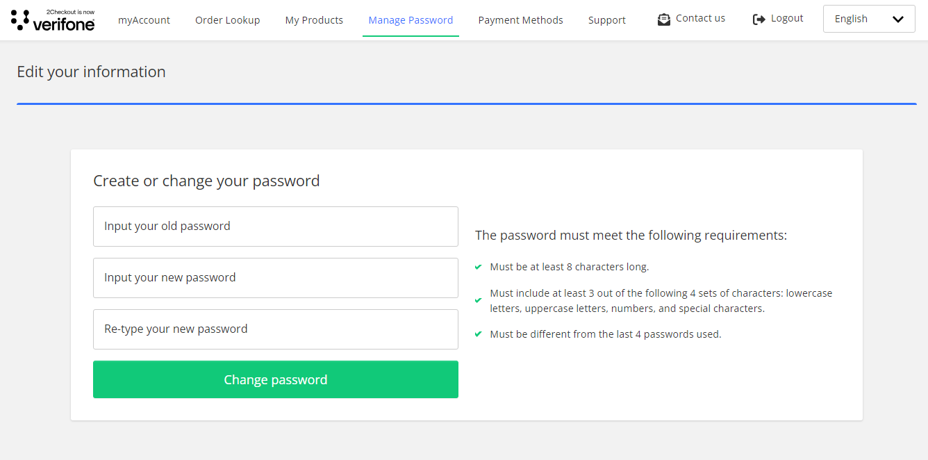 Manage a password in 2Checkout MyAccount